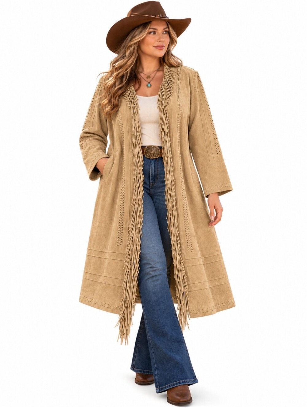 Margaret Godfrey Suede Leather Fringe Duster Coat Western Boho Plus Size 20
